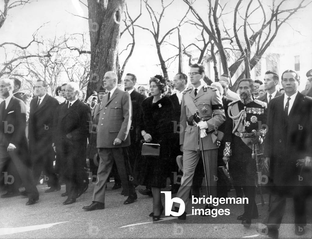 Funeral of American President John Fitzgerald Kennedy at Arlington National Cemetery in Washington on November 25, 1963 : President Ludke, French President Charles De Gaulle, Queen Frederika, King  Baudouin of Belgium, emperor of Ethiopia and President of the Philippines