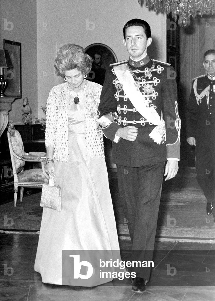 Wedding of Prince Michael of Greece with Marina Karella in Athens February 09, 1965 , here the groom with his aunt Princess Frederika of Greece (wife of Paul-1st)