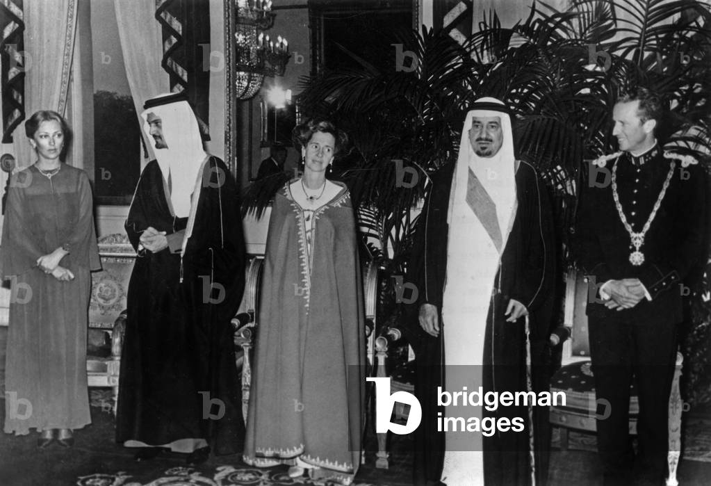 King Khalid of Saudi Arabia in Belgium, Brussels, May 12, 1978 : l-r : Paola (future Queen of Belgium), ?, Queen Fabiola of Belgium, King  Khalid ben Abdelaziz Al Saoud (1912-1982), King  Baudouin 1st of Belgium