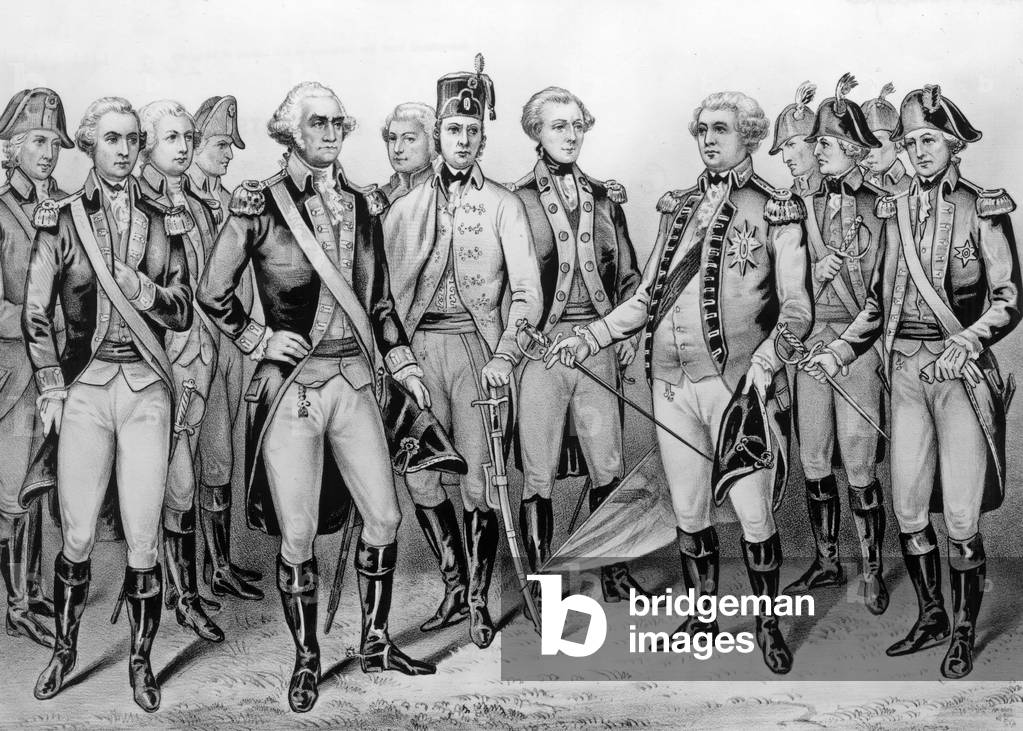 Troops of Cornwallis in Yorktown October 19, 1781 l-r : Lincoln, Washington, De Lauzun, Gilbert du Motier, marquis de La Fayette, Lord Cornwallis, O'Hara et Chewton, engraving