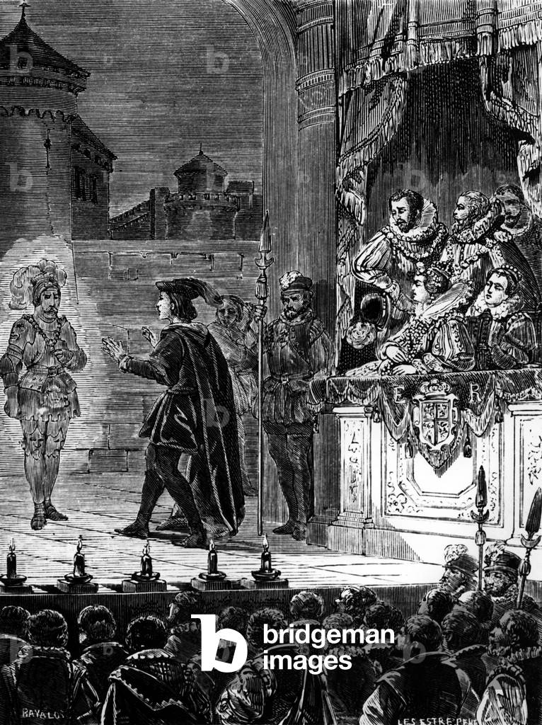 'Hamlet' being performed before Queen Elizabeth I (engraving)