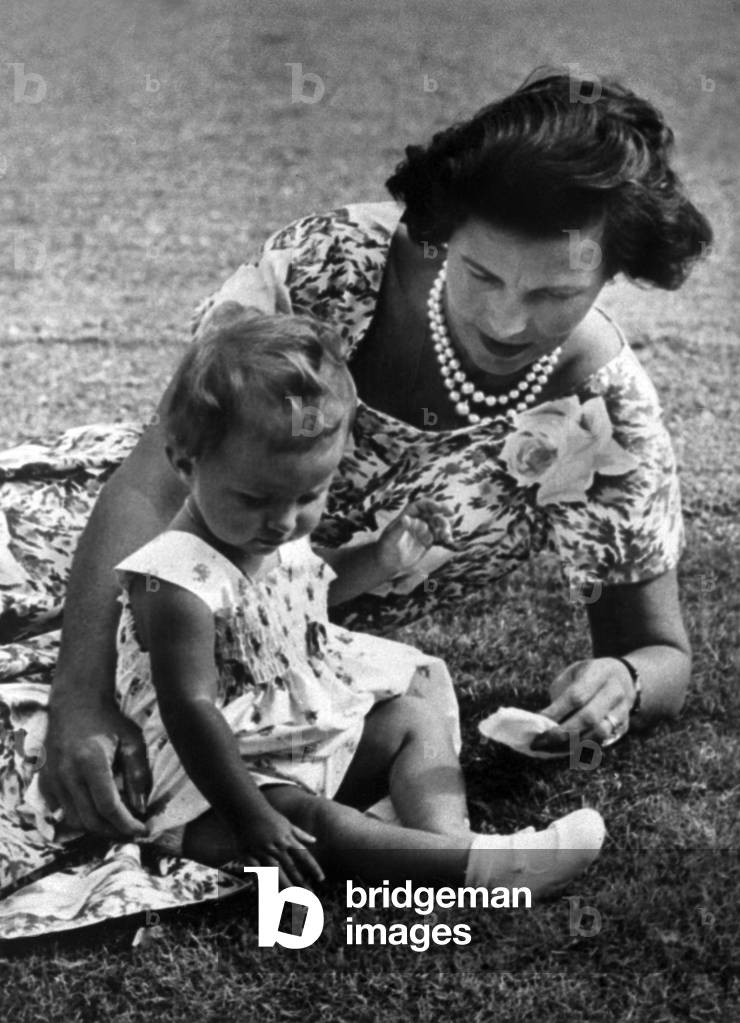 Princess Liliane de Rethy (born Mary Lilian Baels), 2nd wife of LeopoldIII of Belgium, here with her daughter Princess Marie-Esmeralda (half-sister of Baudouin1st, born in 1956) on September 27, 1957 for her 1st birthday