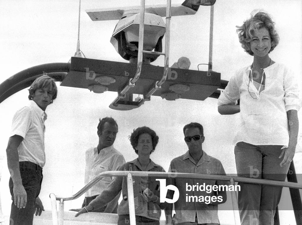 l-r : King  Juan Carlos of Spain, Queen Fabiola of Belgium, King  Baudouin 1st of Belgium and Queen Sopfia of Spain during holidays on yacht Fortuna in Balearic islands, August 3, 1977