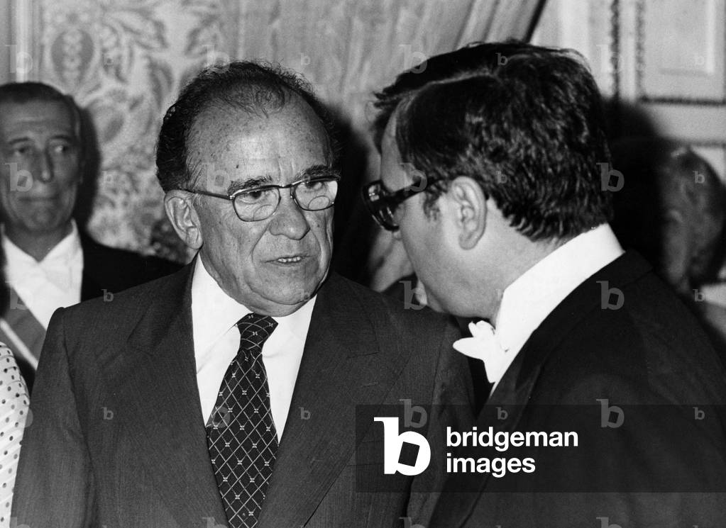 Secretary General of the Spanish Communist Party Santiago Carrillo and Spanish Interior Minister Rodolphe Martin Villa in the middle of a conversation in Madrid on 29 June 1978