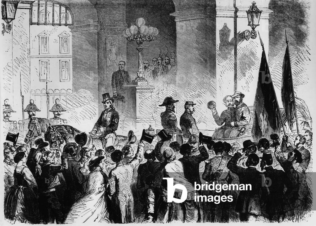 Italy 1860: struggle for independence Arrival of Victor Emmanuel at the Royal Palace in Naples after a sketch by Yriarte