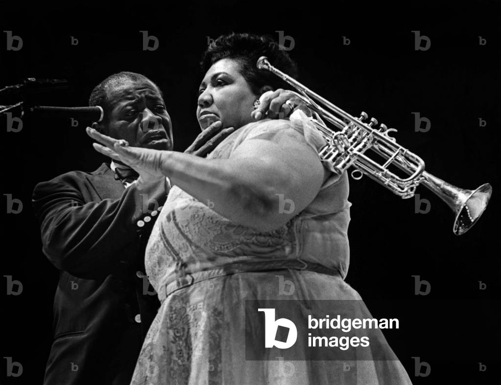Louis Armstrong and Velma Middleton at a concert in London in 1956