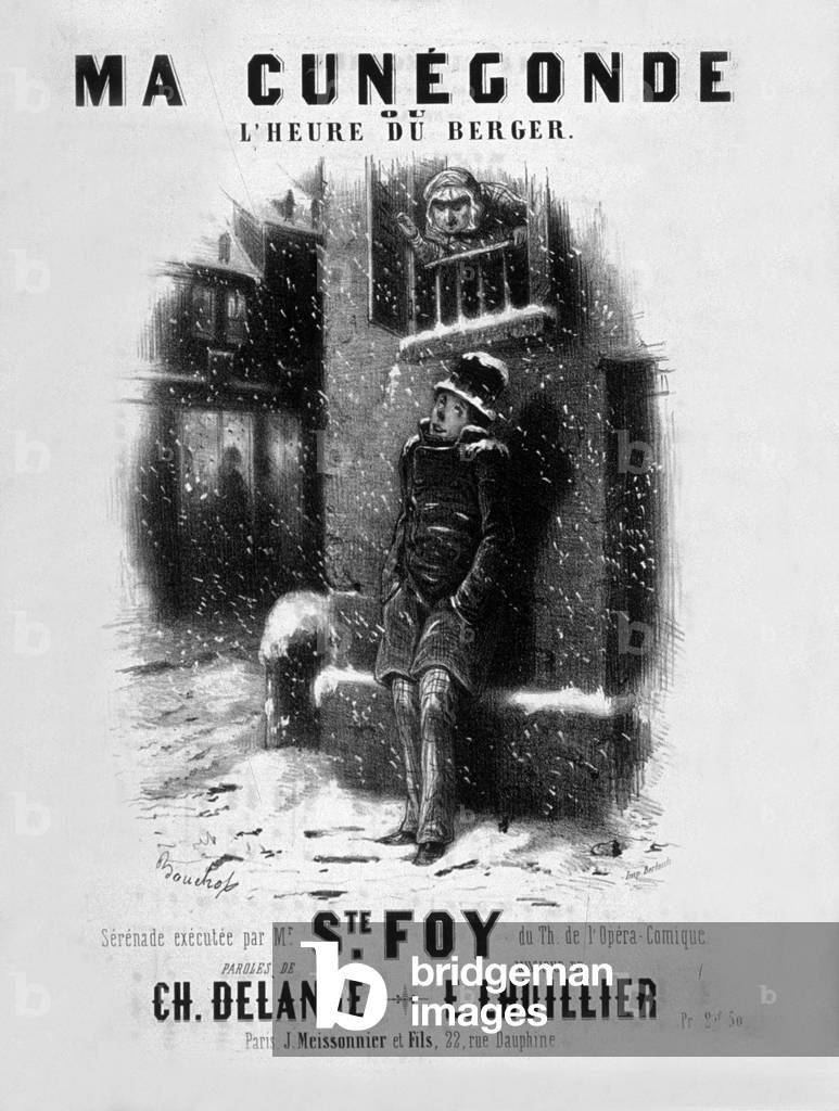 Sheet music cover Ma cunegonde ou l'heure du berger serenade executed by Mr Ste Foy from the theatre of the opera comique lyrics of Ch. Delange E. Lhuillier