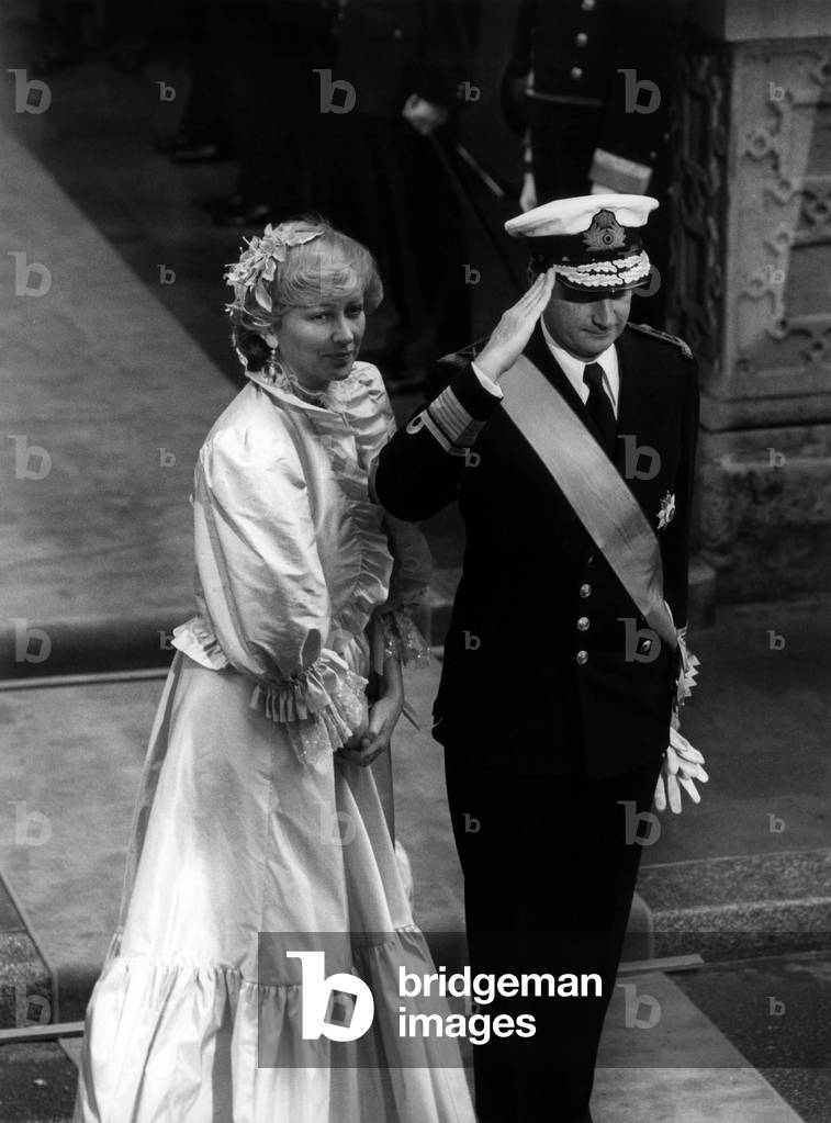 Prince Albert of Belgium (future King  Albert II) and his wife Princess Paola at Wedding of Princess Marghareta of Luxembourg and prince Nicolas of Liechtenstein on March 20, 1982 in Luxembourg