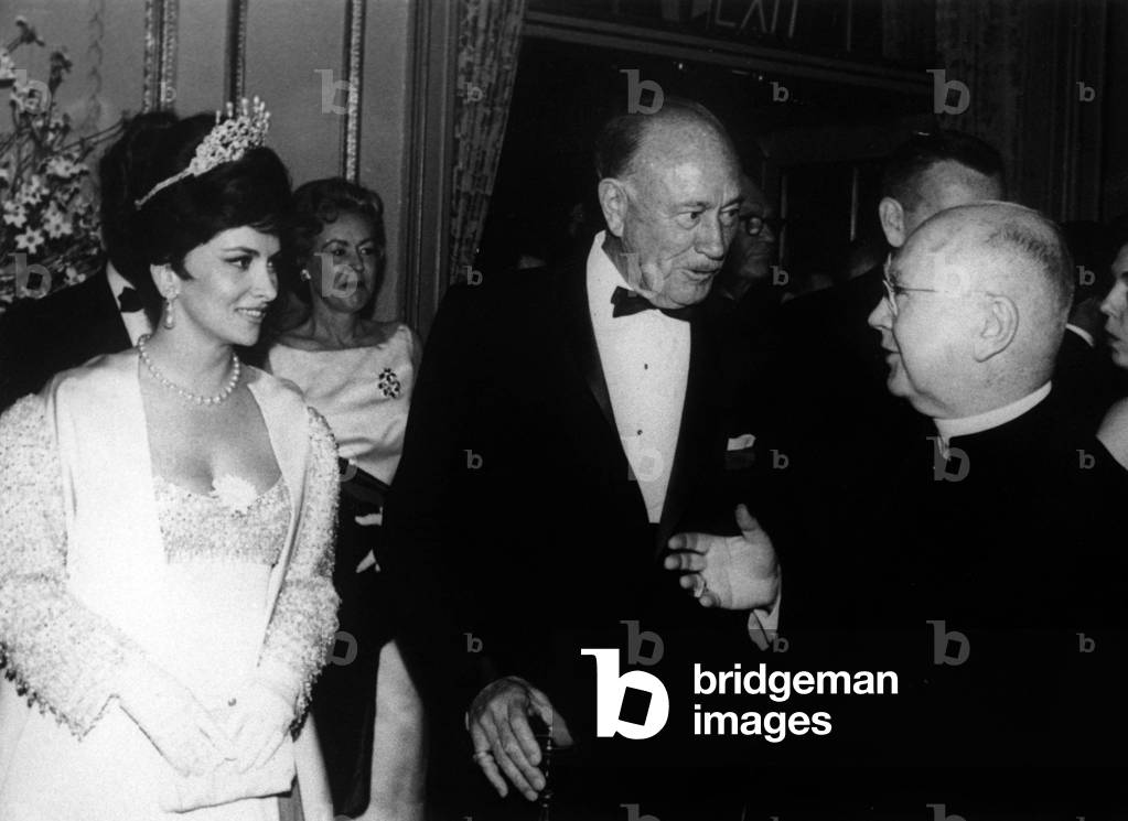 Gina Lollobrigida and Conrad Hilton American businessman with Cardinal Spellman in New York May 13, 1963