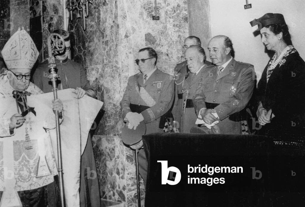 General Francisco Franco and his wife at the inauguration of a new church in Madrid on June 4, 1958