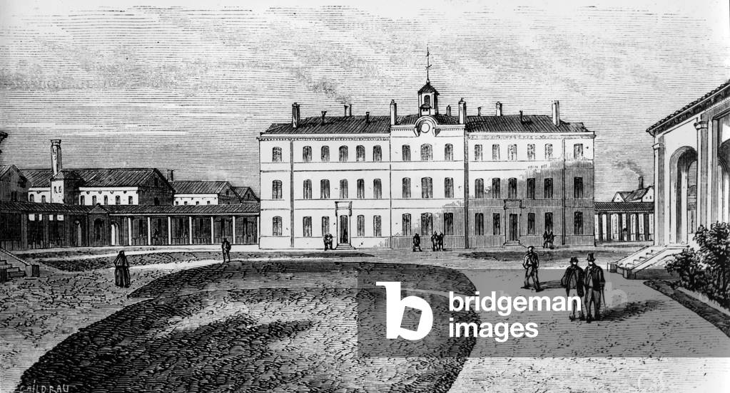 Psychiatric hospital Sainte Anne : the courtyard and the General services building. Engraving