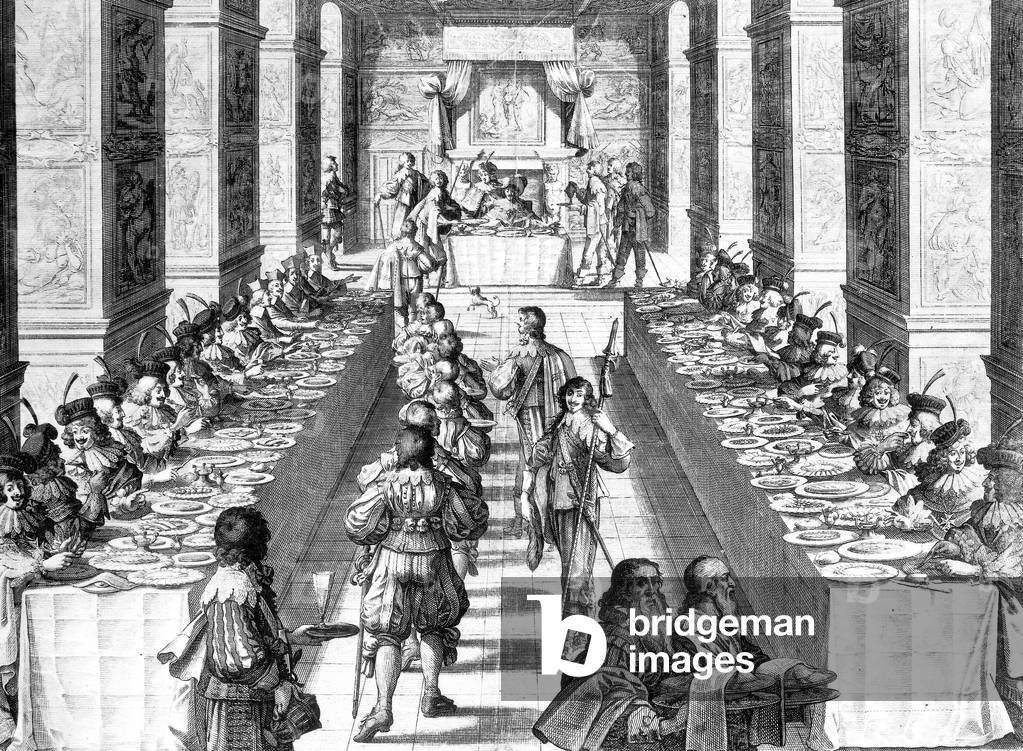 feast offered by French King  Louis XIII for the Knights of the Holy Spirit in Fontainebleau in France May 14, 1633, engraving by Abraham Bosse 17th century