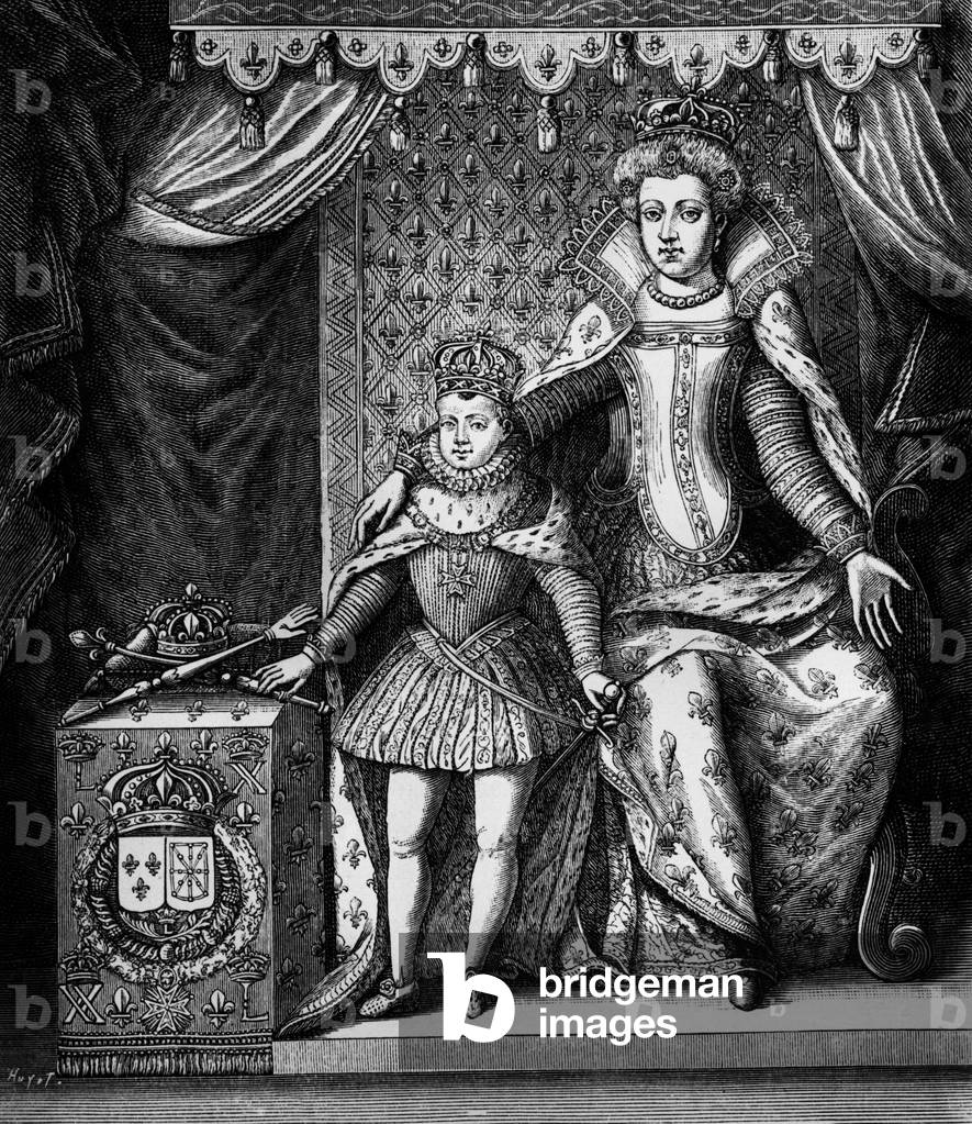 Queen Marie of Medici (1573-1642) and her son Louis XIII (1601-1643) engraving, 1610