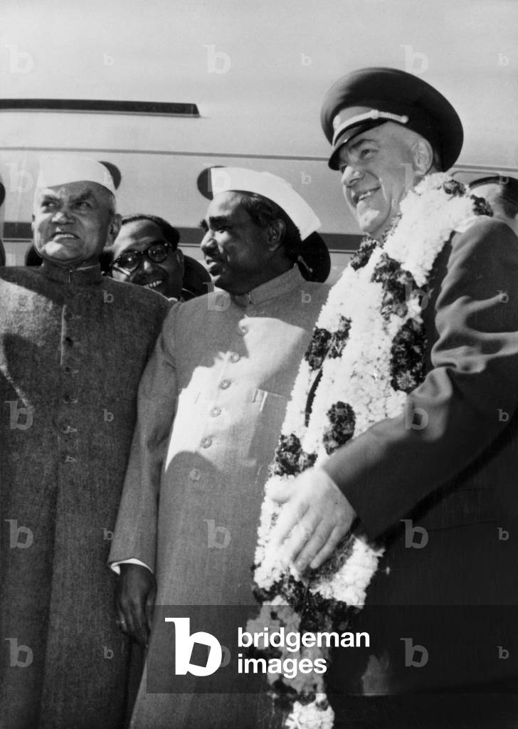 l-r Katju (Indian defense minister) , Laclivan Ram (communication minister) and Georgi Joukov (soviet defense minister)at the airport of New Delhi in India on an elephant, 1957