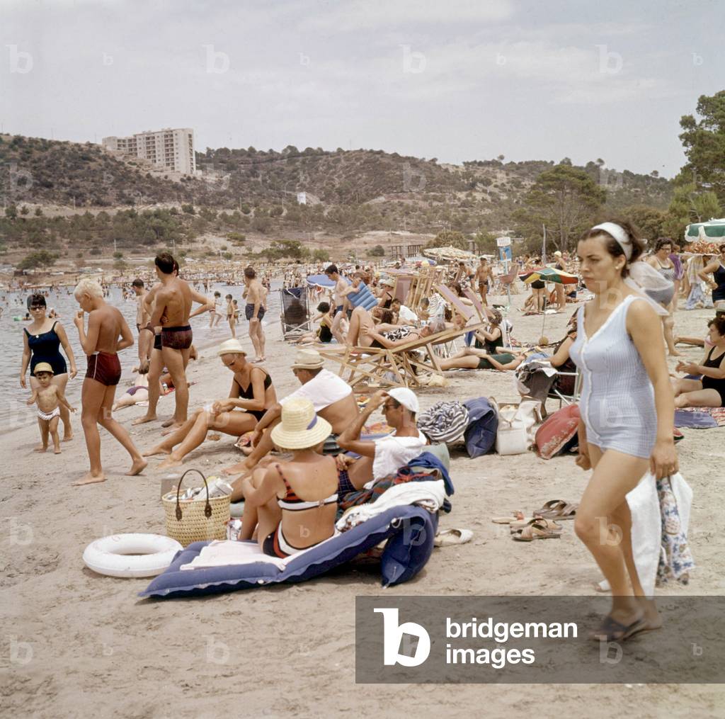 Crowd on the beach in Balearic islands (Spain) in 1971