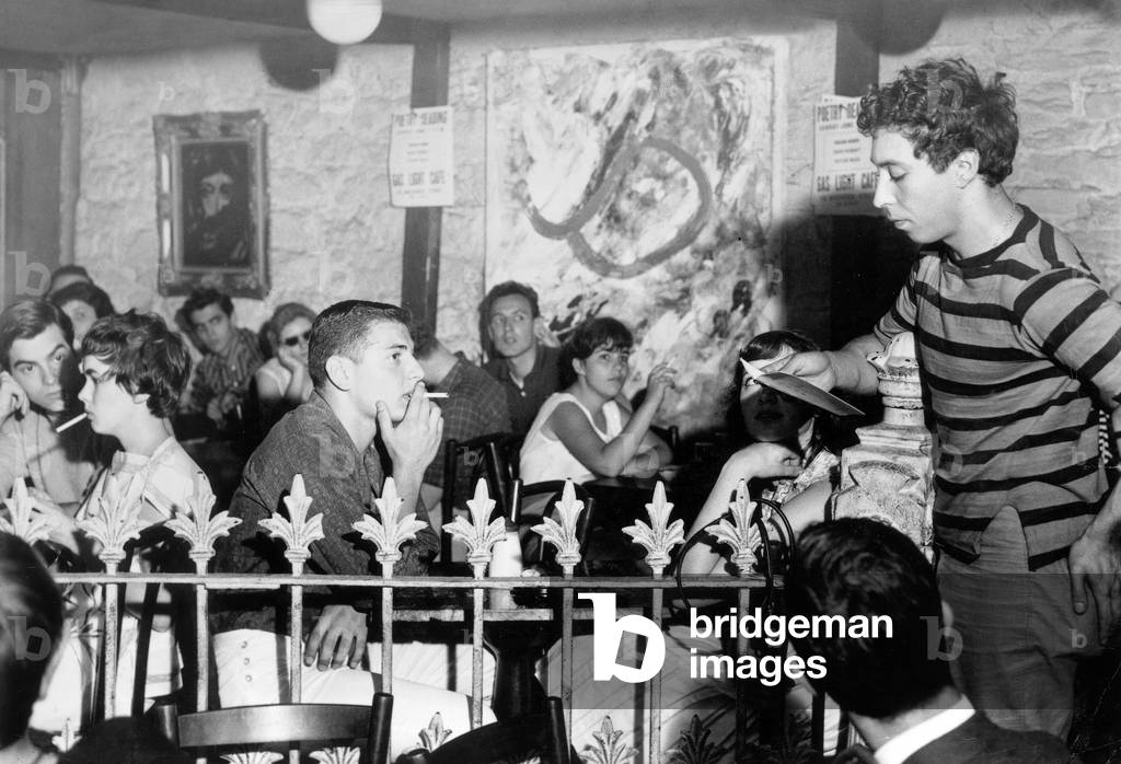 Beatniks reading poetry in Gas Light Cafe on McDibble Street NYC c. 1960