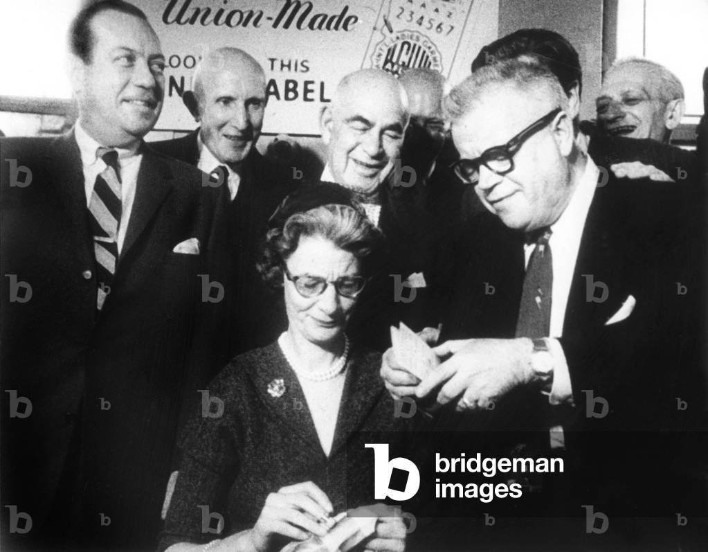 Mrs Rockefelder with David Dubinsky of the American labor movement, Herbery Lehman , New York governor Robert Wagner January 13, 1959
