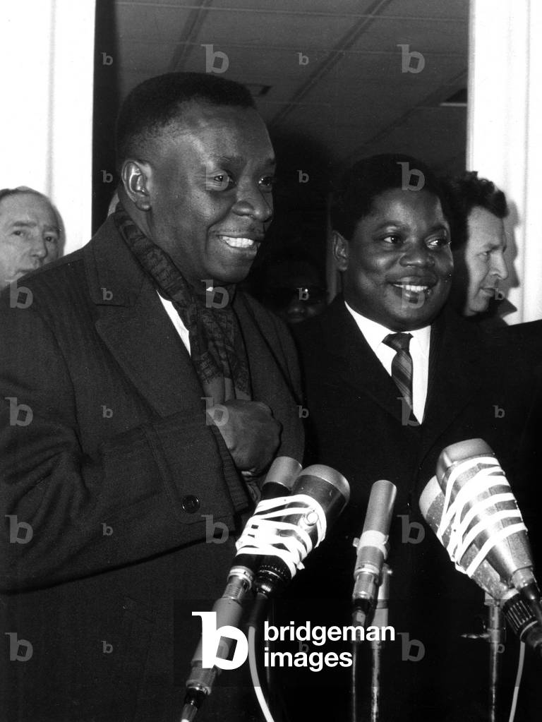 Mr Cyrille Adoula the Prime Minister of Congo on official visit in Brussels Belgium here in one of the airfield lounges with Mr Bomboko on February 25, 1963