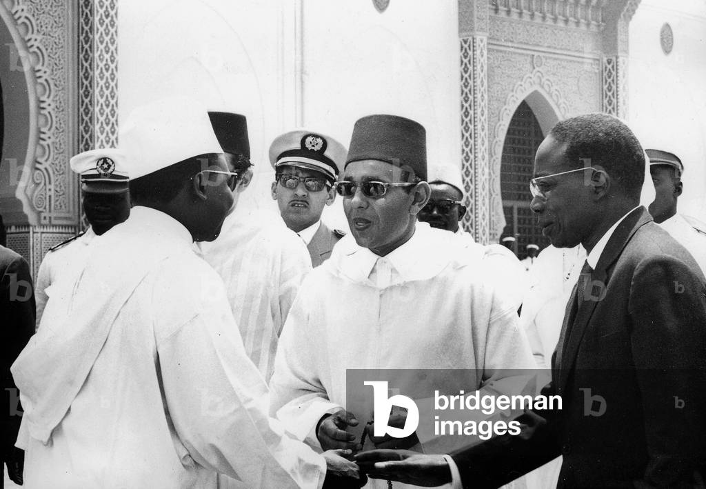 Senegalese President Leopold Sedar Senghor and King  Hassan II of Morocco at launching of mosque in Dakar March 27, 1964 welcome by minister of Estate Doudou Thiam