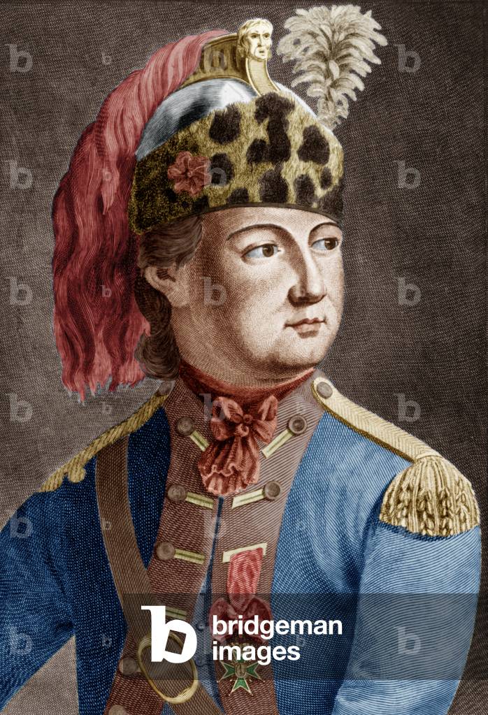 Knight of Eon (1728-1810), French secret agent for the king, he used to cross-dress, engraving colourized document