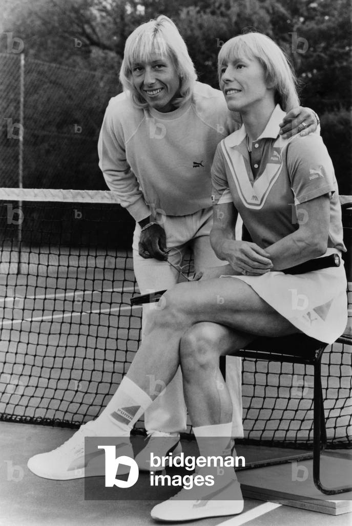 Martina Navratilova and her wax double made by the Musee Tussaud. June 17, 1985