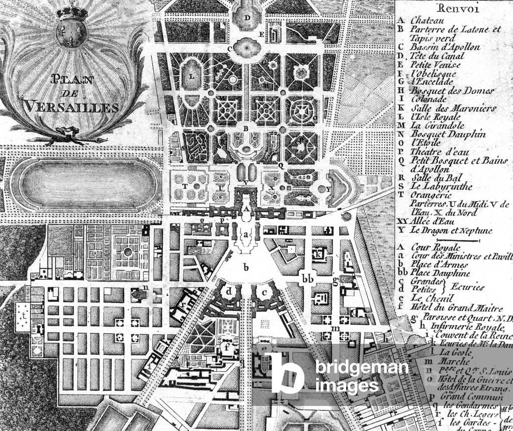 Map of the castle  gardens, and streets around the castle in Versailles France, c. 1690 (engraving)