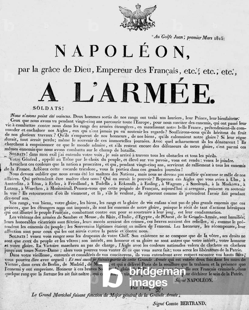 Declaration made by French Emperor Napoleon I to his army at Golfe Juan, 1st March 1815  (engraving)