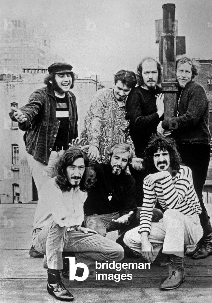 Frank Zappa with band Mothers of Invention, c. 1971 (b/w photo)