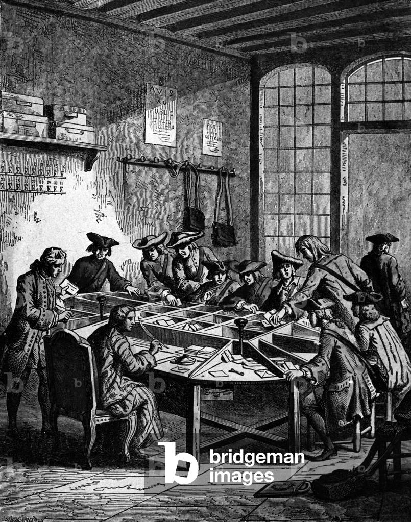 The main post office in Paris at time of LouisXVI (c. 1770) : sorting of mail, engraving
