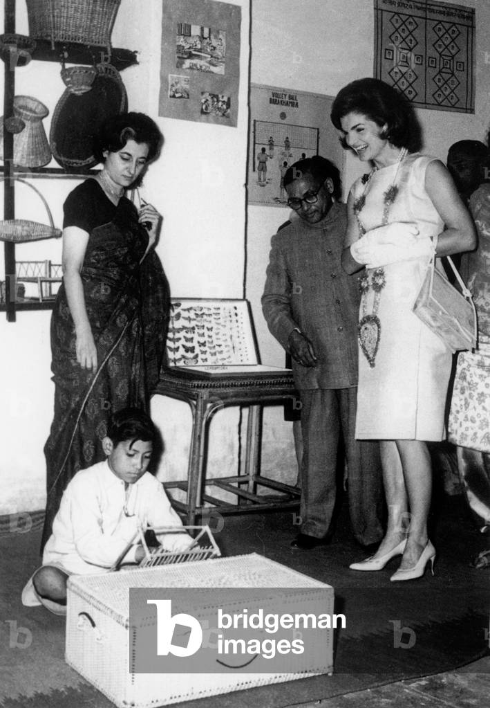 Jackie Kennedy during official visit in India here with Indira Gandhi at institutefor vagrant children September 31, 1962