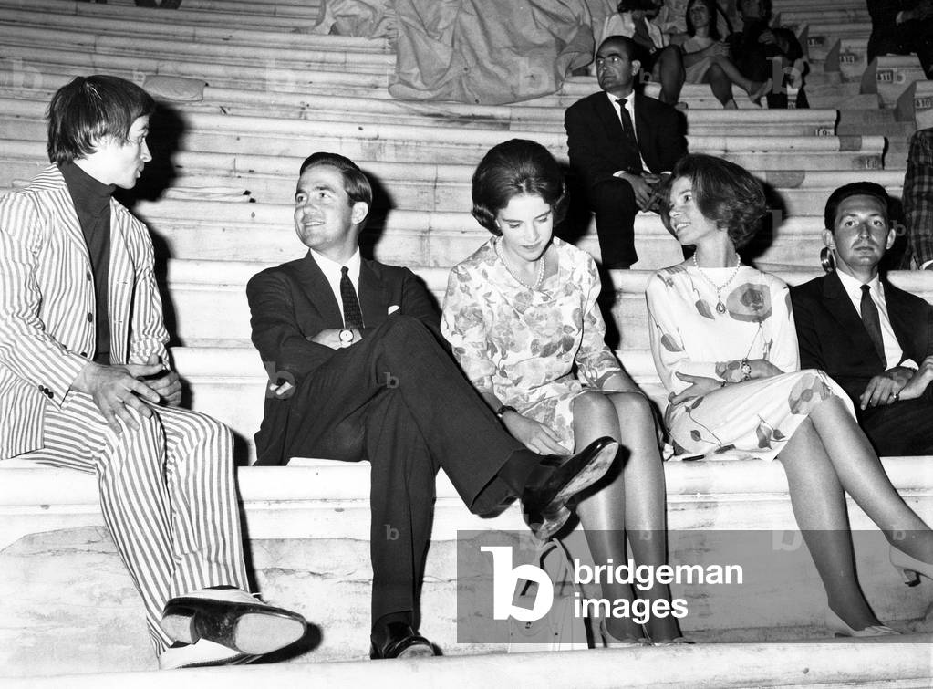 Rudolf Nouyeev meeting prince Constantine, Princess Anne Marie, Princess Irene and prince Michael of Greece at premiere of 
