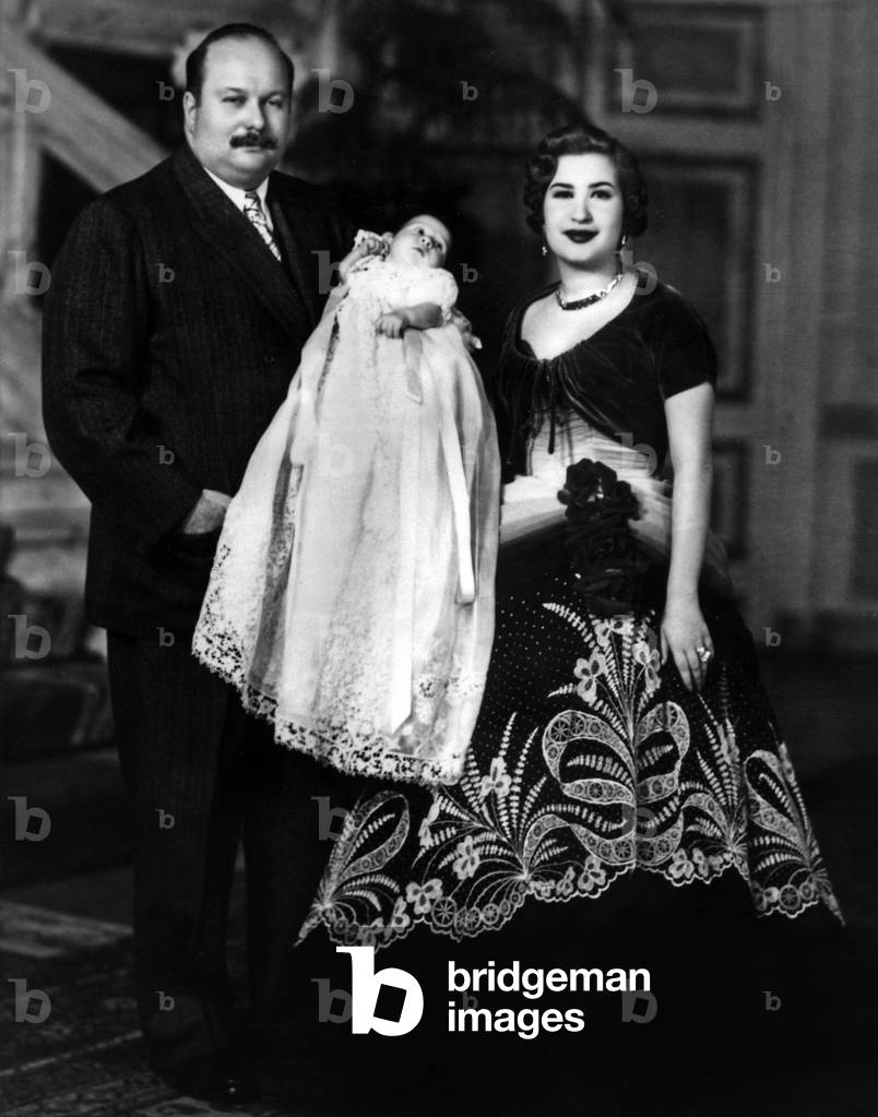 Former King  Faruk 1st of Egypt and his 2nd wife Queen Narriman Sadek with their newborn son King  Fuad II July 1952 (at birth of Fuad, Faruk abdicated in favor of his son who was King  less than a year)