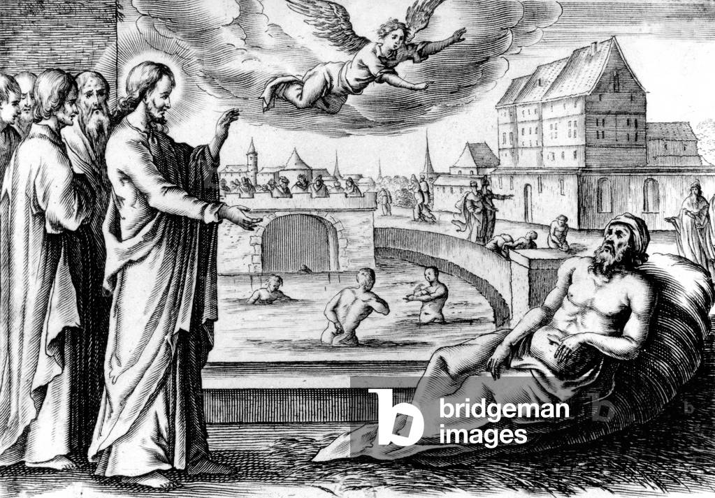 Life of the Christ : on the day of Sabbath, Christ sees a sick man who waits for 38years to be helped to go in the swimming pool , engraving