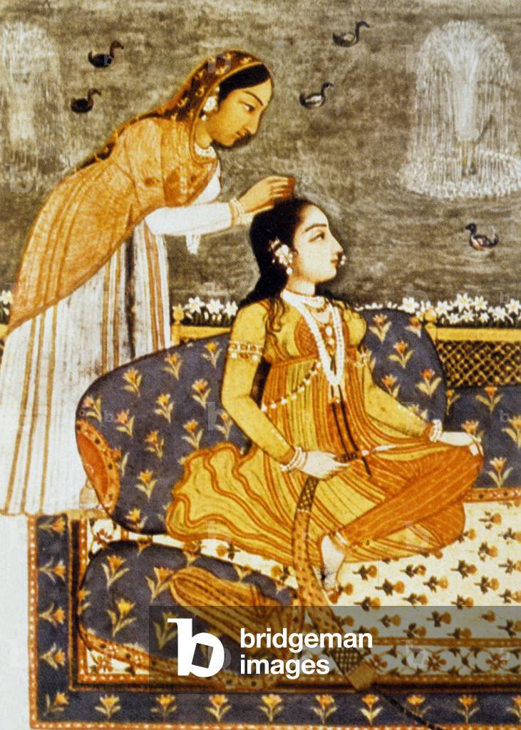 The thousand and one nights story of Gulnar de la mer “The king tells them to take care of the anointing and partum to dress her to make them forget the weariness of travel” Indian miniature 18th century
