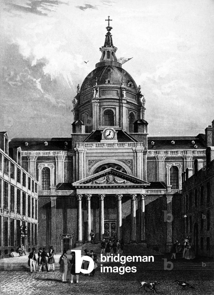 The Sorbonne courtyard with the chapel (built in 17th century), engraving, c. 1840
