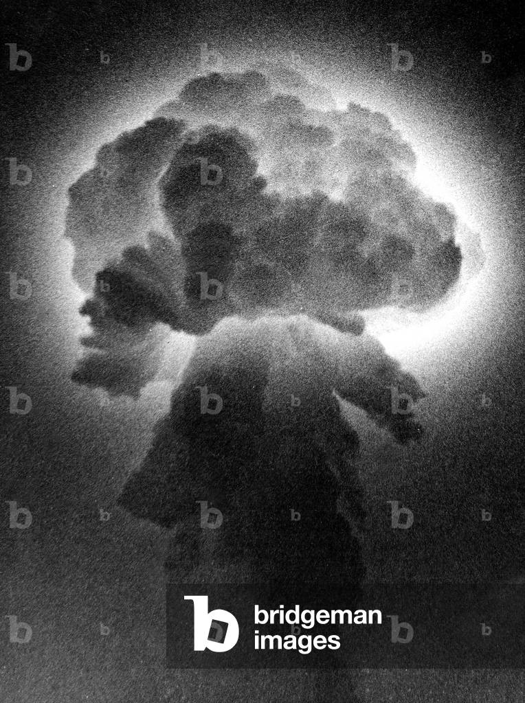 Mushroom cloud of the explosion of the first French atomic bomb in Reggane, Sahara, Algeria on February 13, 1960 at the time of the war in Algeria