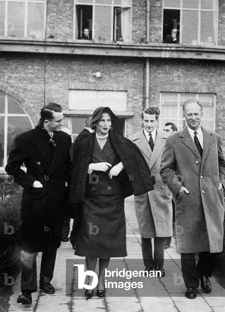 Former King  Leopold III of Belgium and his 2nd wife Princess Liliane de Rethy (born Mary Lilian Baels) with King  Baudouin 1st and his brother prince Albert who came to meet their grand-mother Elizabeth of Belgium February 2, 1958