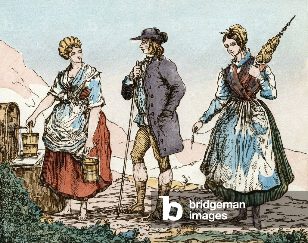 2 women and a man wearing suits from the Vosges, France, 1835, engraving from book 