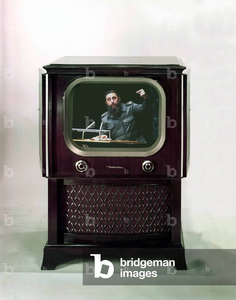 photomontage showing cuban leader Fidel Castro at television (Motorola TV) during a speech at UNO in 1979