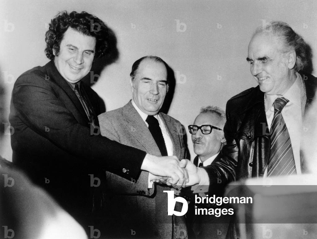 French socialist politician Francois Mitterrand during trip to Greece where he met greek Mikis Theodorakis, composer, and Andrea Papandreou, greek prime ministre on January 24, 1977