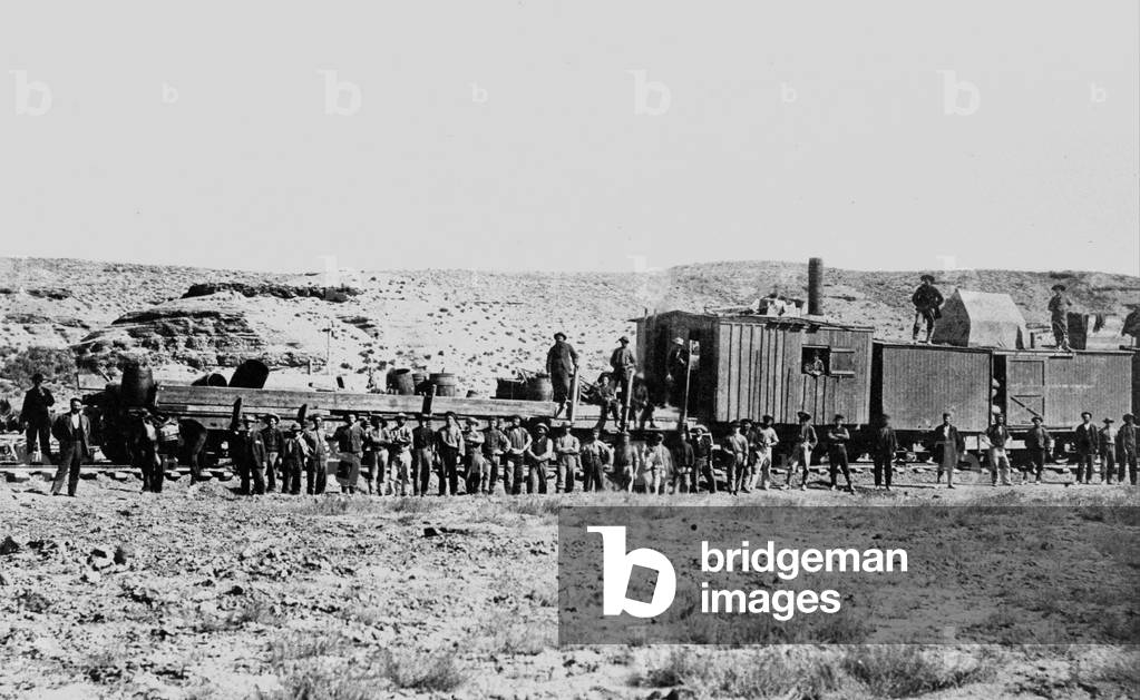 Construction of the Union Pacific Railroad, Ameria, 1868 (b/w photo)