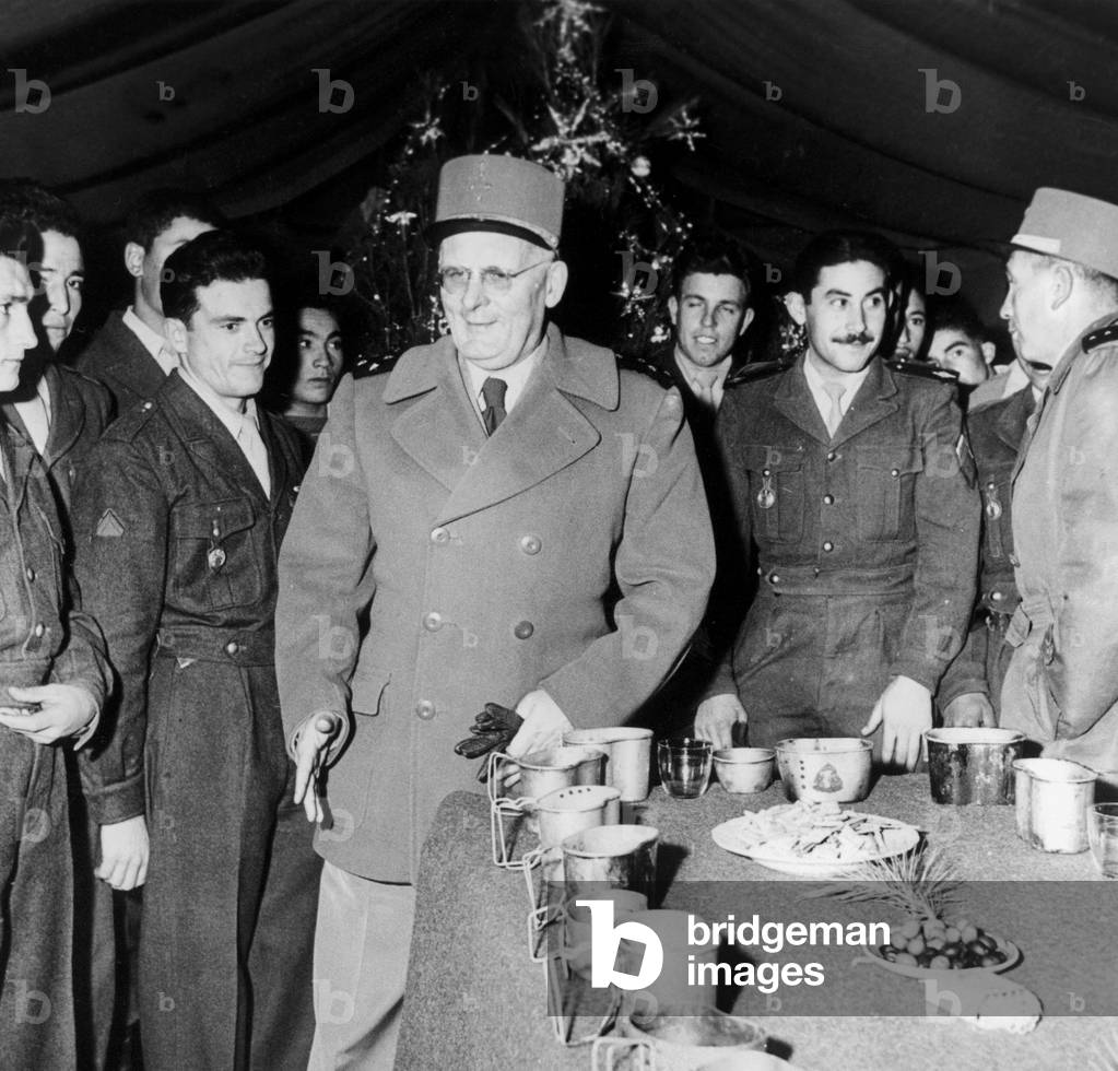 French officer General Zeller at christmas dinner with troops in Algeria during the war January 2, 1959