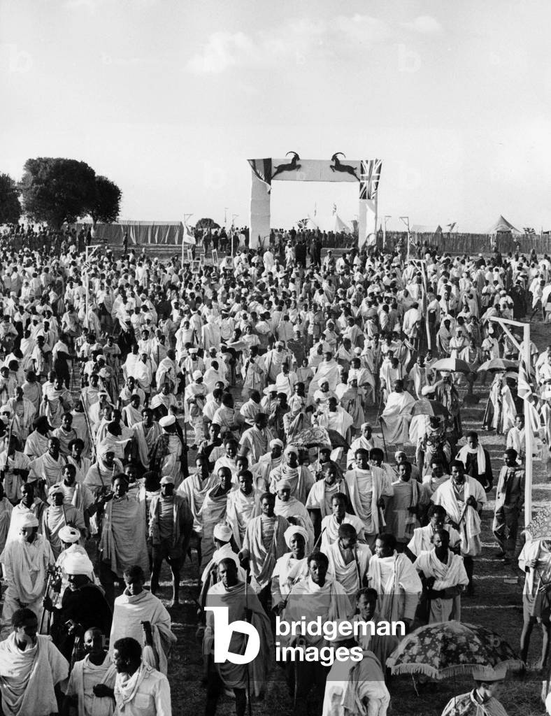 Visit of Queen ElizabethII in Ethiopia February 7, 1965 here Amhara tribesmen of the ethiopian orthodox church around Gondar at Tississat Falls Tana Lake