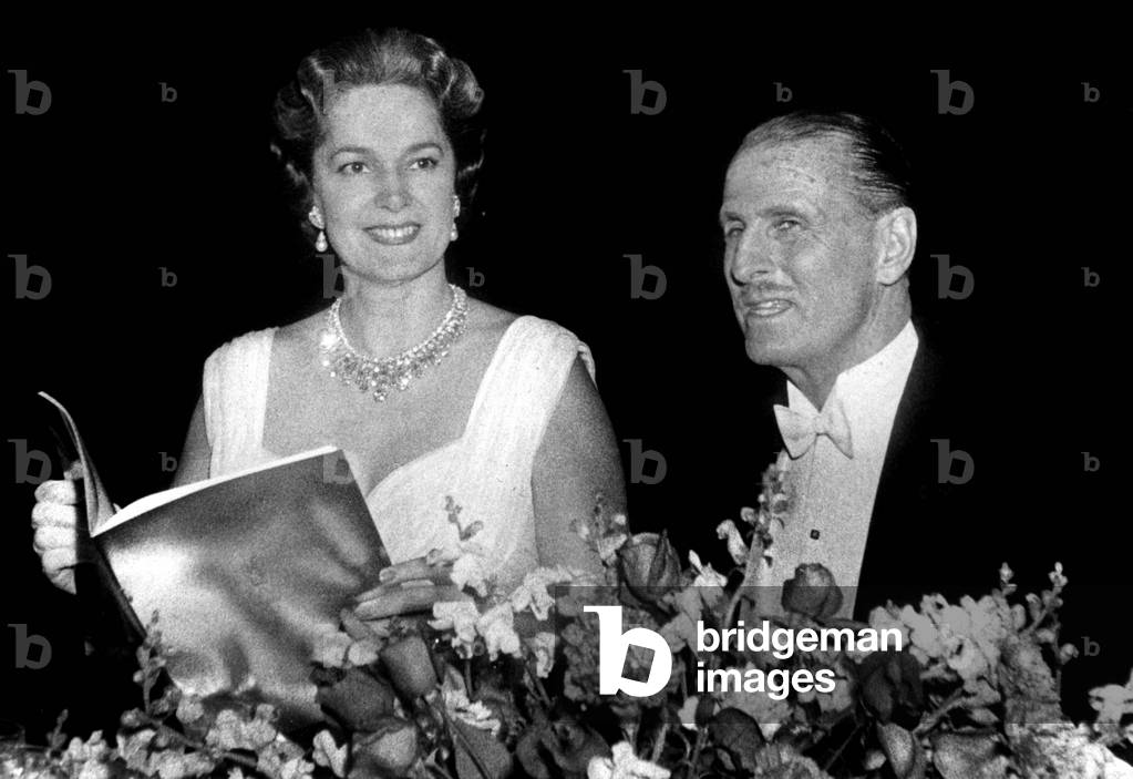 The Begum (fourth and last wife of shah Aga Khan III) with Prince Obolensky at New York Waldorf Astoria Hotel ball January 14, 1957