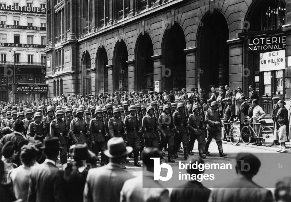 Occupation, Paris, July, 1940 : parade of German troops outside St Lazare station
