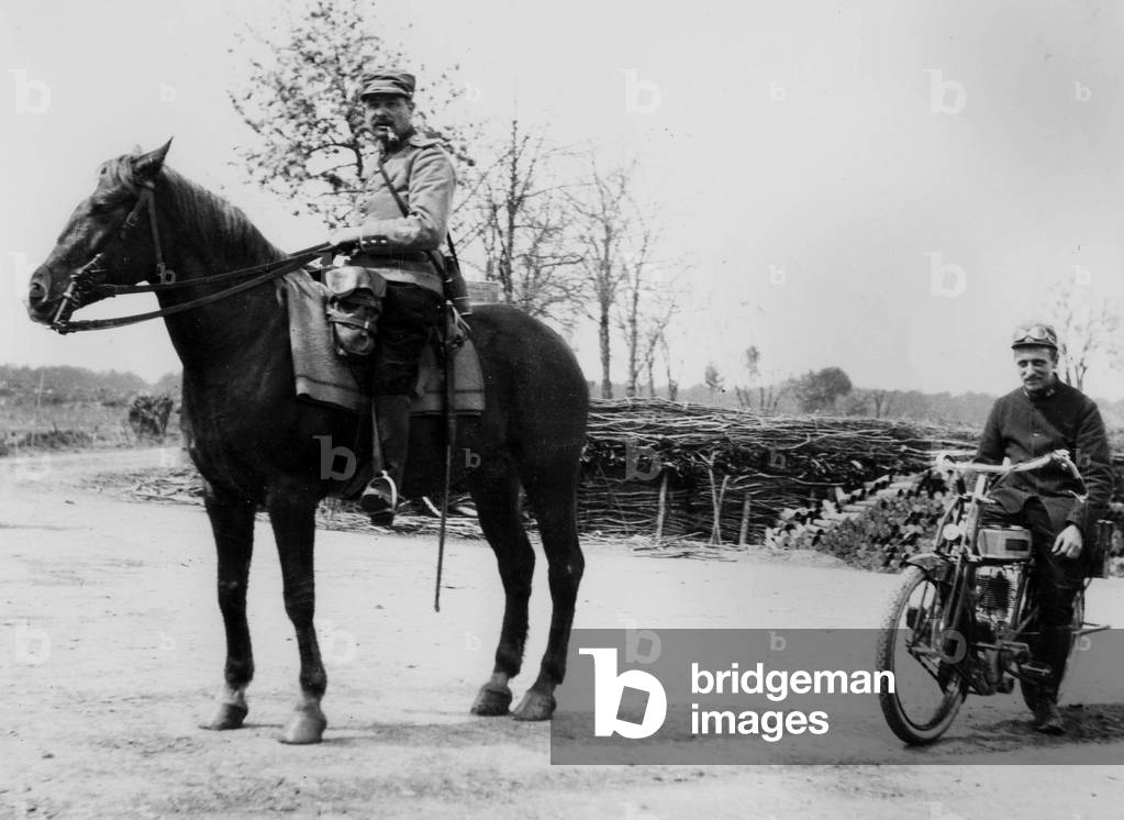 Liaison officers on horse and motorcycle, ww1