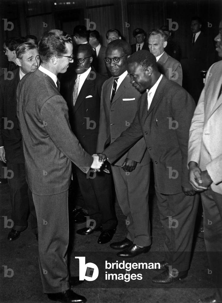 King Baudouin 1st of Belgium shaking hands with civil servantss of Congo in Leopoldville (Kinshasa) June 28, 1960