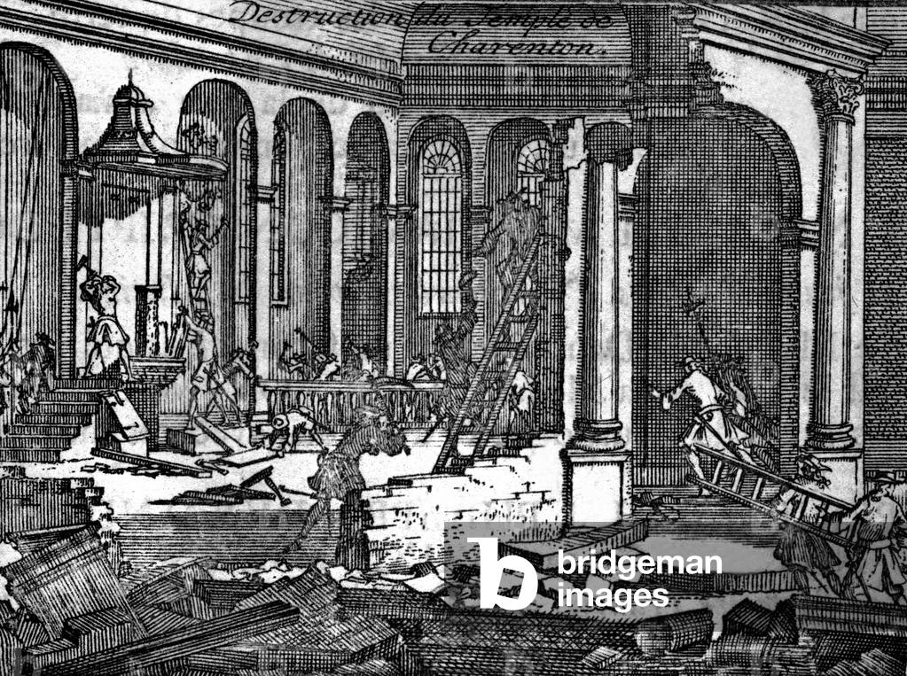 Burning and destruction of the Temple of Charenton (place of cult for the parisian reformed aka protestants) November 1686 at the time of the Revocation of the Edict of Nantes in France which started again wars of religion between the catholics and the protestants, engraving