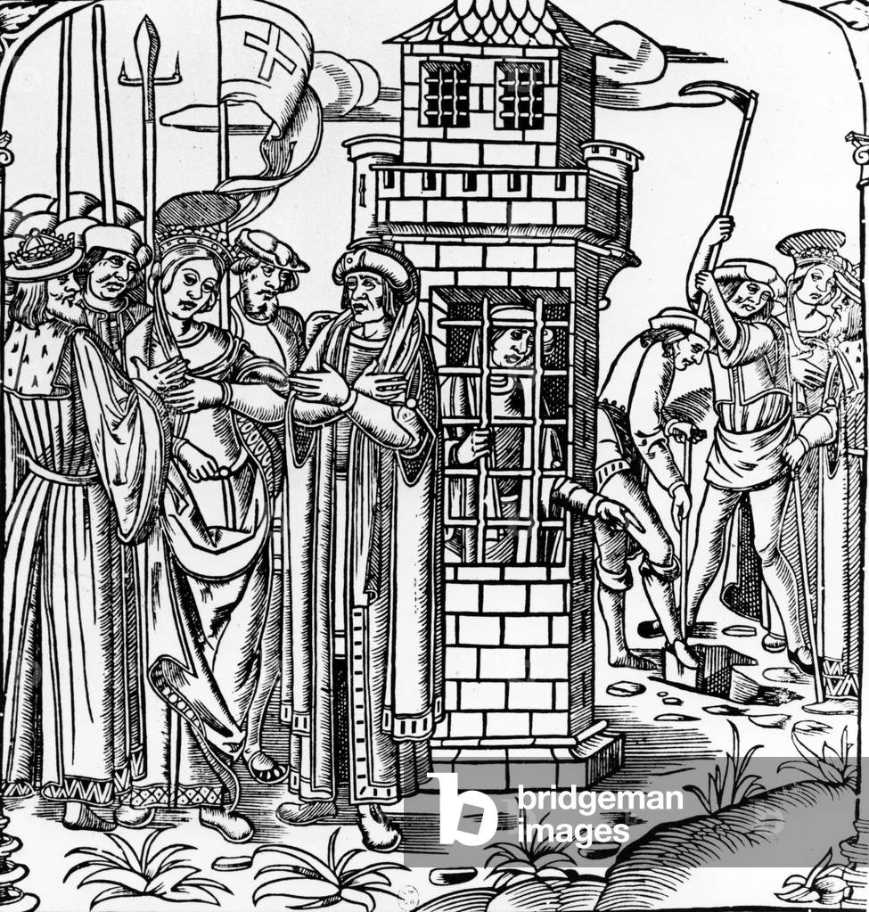 Discovery of the Holy Cross : Saint Helena imprisoning a man named Judas who didn't want to show the site of the Cross, engraving, 1500