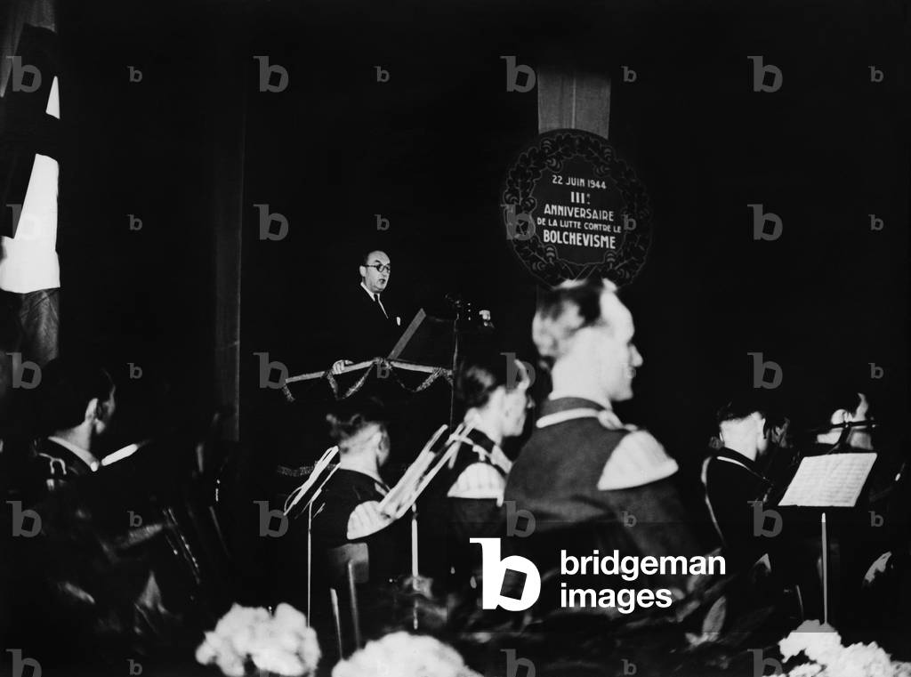 Fernand de Brinon delegate for German occupying forces in France during a speech on June 26, 1944 in Paris for 3rd anniversary of German attack against USSR